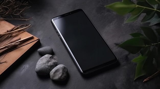 Un teléfono LG negro se encuentra sobre una superficie oscura junto a una caja marrón de chocolate.