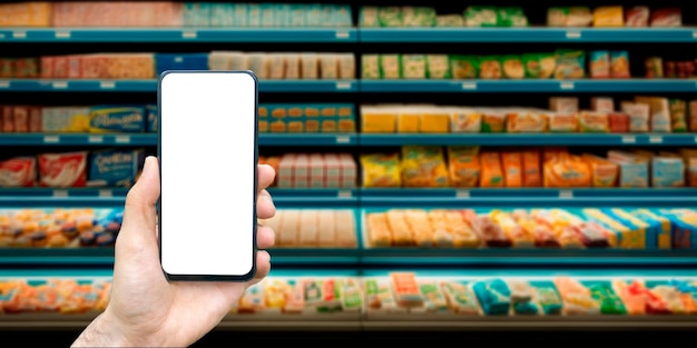 Teléfono en línea de comestibles con una mano en el fondo de un supermercado con foto de alta calidad de comestibles