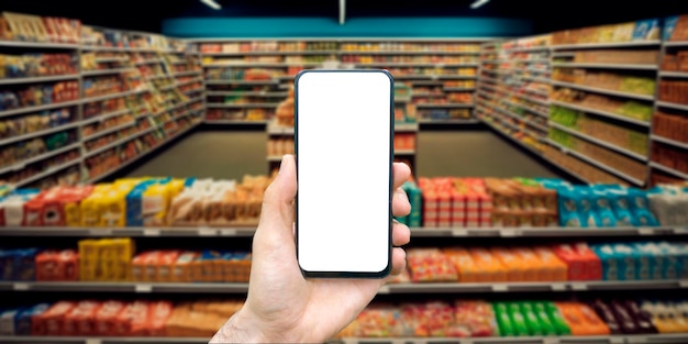 Teléfono en línea de comestibles con una mano en el fondo de un supermercado con foto de alta calidad de comestibles