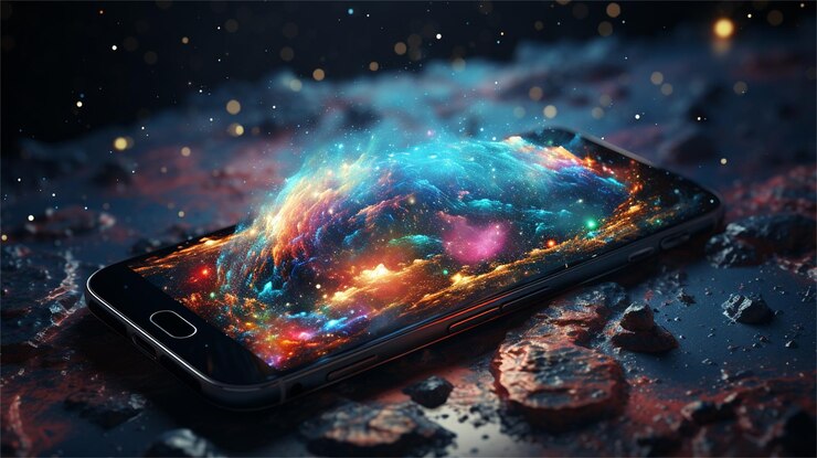 Un teléfono con llamas y un fondo negro.