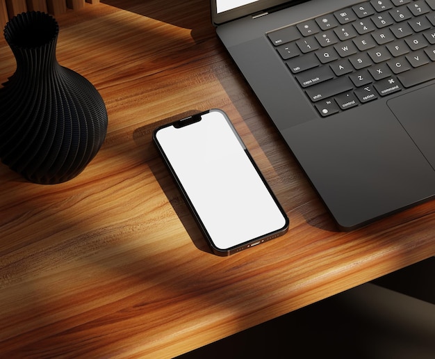 Teléfono moderno con pantalla en blanco sobre mesa de madera Diseño web receptivo y maqueta de sitio web Maqueta de teléfono