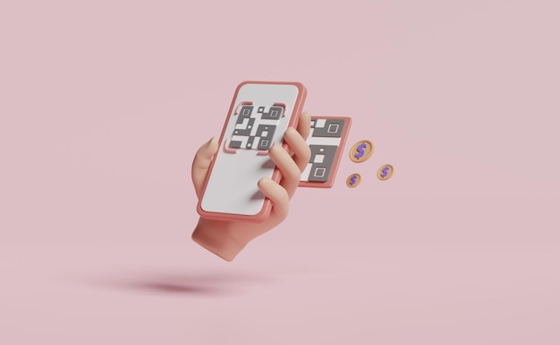 Teléfono móvil 3D en la mano con teléfono inteligente con escáner de código QR monedas aisladas en fondo rosa pago sin efectivo concepto de compras en línea ilustración de renderización 3D