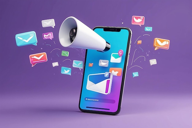 Teléfono móvil 3D con publicación en redes sociales y Hand with Megaphone Promoción y marketing en línea Boletín informativo y publicidad Icono de diseño creativo de dibujos animados aislado sobre fondo púrpura