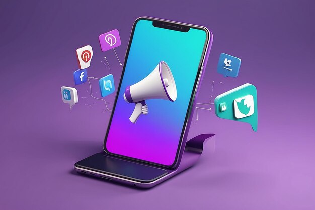 Foto teléfono móvil 3d con publicación en redes sociales y hand with megaphone promoción y marketing en línea boletín informativo y publicidad icono de diseño creativo de dibujos animados aislado sobre fondo púrpura