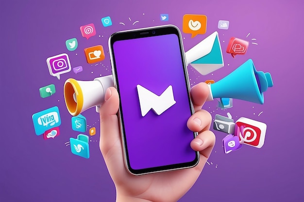 Teléfono móvil 3D con publicación en redes sociales y Hand with Megaphone Promoción y marketing en línea Boletín informativo y publicidad Icono de diseño creativo de dibujos animados aislado sobre fondo púrpura