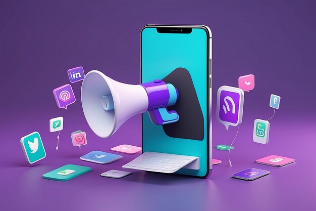 Foto teléfono móvil 3d con publicación en redes sociales y hand with megaphone promoción y marketing en línea boletín informativo y publicidad icono de diseño creativo de dibujos animados aislado sobre fondo púrpura