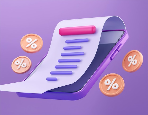 Teléfono móvil 3D con un recibo que muestra un descuento en la pantalla Ilustración 3D