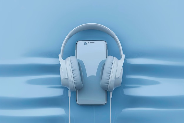 Foto teléfono móvil con auriculares aislados sobre fondo azul