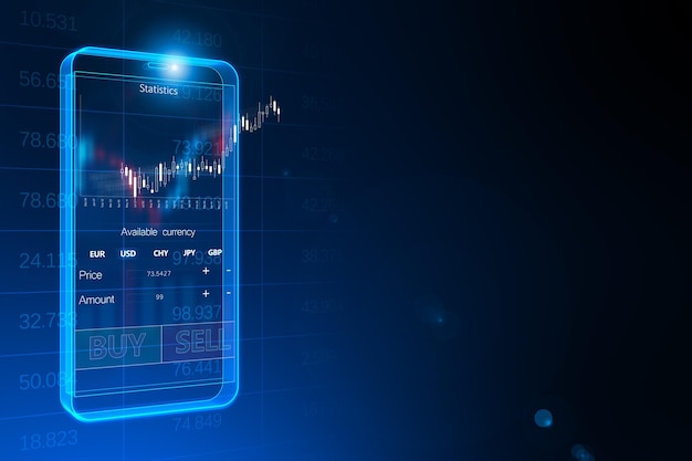 Teléfono móvil azul digital abstracto con gráfico de compra y venta de criptomonedas y lugar simulado sobre fondo azul Bitcoin y concepto comercial Representación 3D