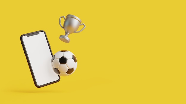 Teléfono móvil con balón de fútbol de pantalla blanca y copa dorada vuelan sobre fondo amarillo renderizado 3D