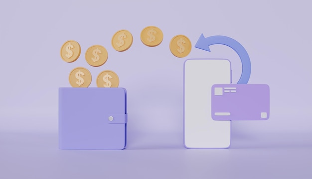 Teléfono móvil con billetera y concepto de pago de monedas flotantes para negocios de compras en línea