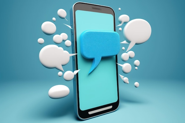 Teléfono móvil con bocadillo en pantalla fondo azul AI