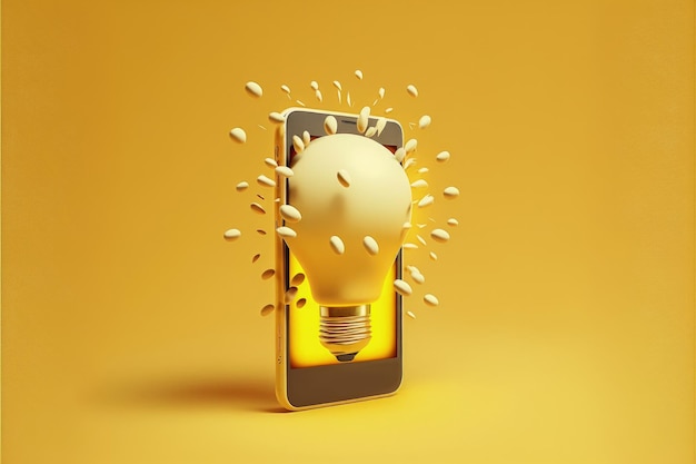 Teléfono móvil con bombilla en pantalla creatividad e innovación concepto fondo amarillo AI