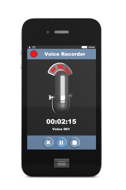 Foto teléfono móvil como grabadora de voz sobre un fondo blanco.
