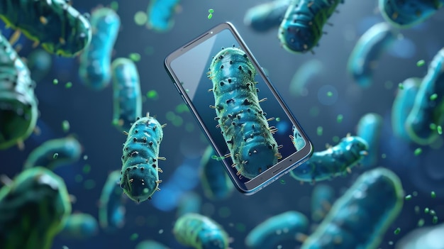 Foto un teléfono móvil está cubierto de virus y bacterias