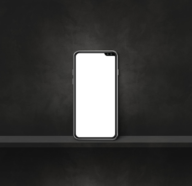 Teléfono móvil en un estante de pared negro. fondo cuadrado. Ilustración 3D