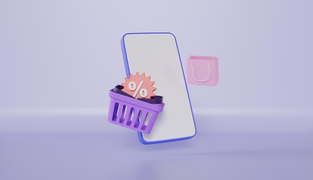 Teléfono móvil con etiquetas de precio para el concepto de compras en línea Cesta con cupón de descuento de etiqueta de promoción