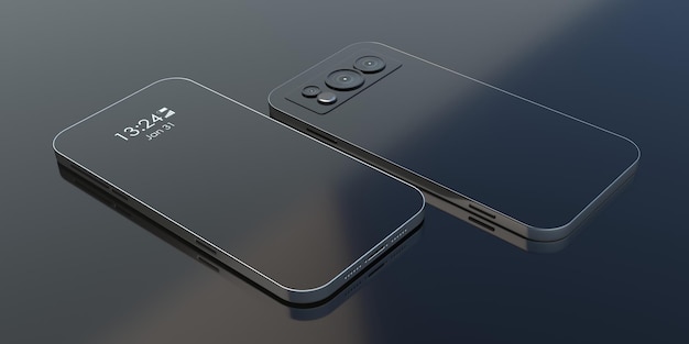 Teléfono móvil con fondo de color negro Pantalla vacía frontal del teléfono inteligente y cámara triple y flash en la parte posterior Ilustración 3d