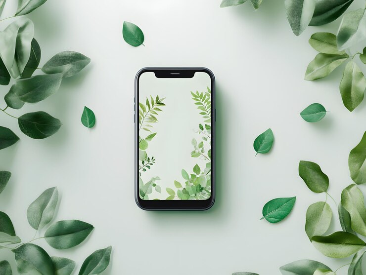 Un teléfono móvil con hojas verdes esparcidas en la pantalla y a su alrededor