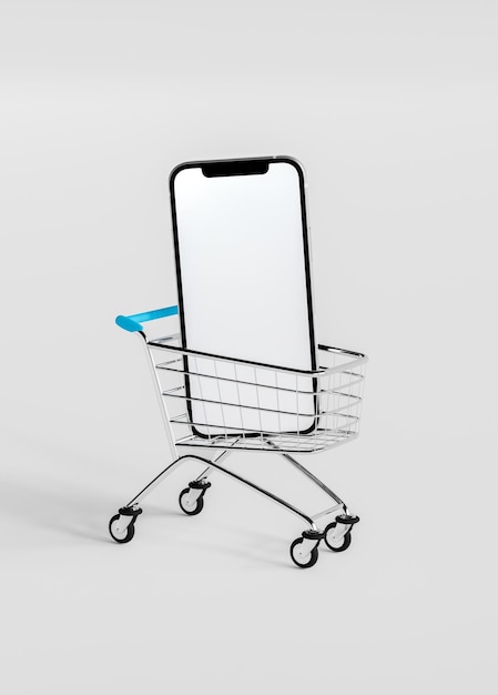 Teléfono móvil inteligente realista en carrito de compras aislado sobre fondo gris Proporcionar entrega a domicilio y concepto de compras en línea 3d render