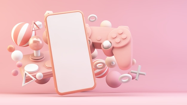 Teléfono móvil para juegos rosa en renderizado 3d