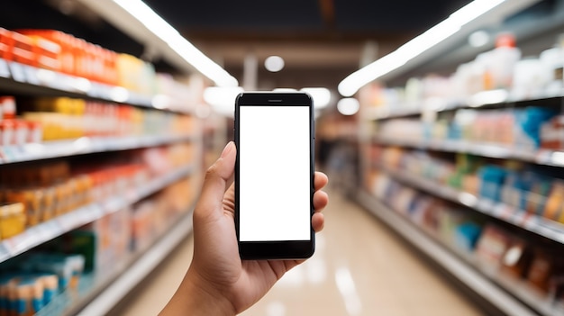 Teléfono móvil en la mano dentro del supermercado Closeup de una mano sosteniendo un teléfono inteligente con una pantalla móvil