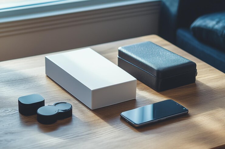 Teléfono móvil en la mesa con cajas de cartón contenedor de auriculares inalámbricos maqueta de caja de gadgets composición de la caja de embalaje de teléfono inteligente en estilo empresarial