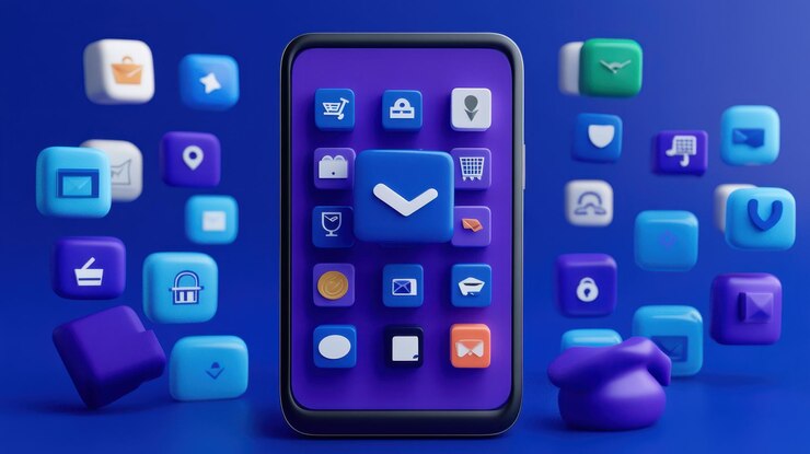 Foto teléfono móvil con muchos iconos de aplicaciones en estilo 3d