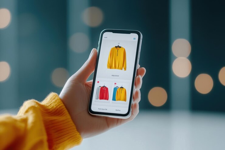 Foto el teléfono móvil muestra artículos de moda en línea