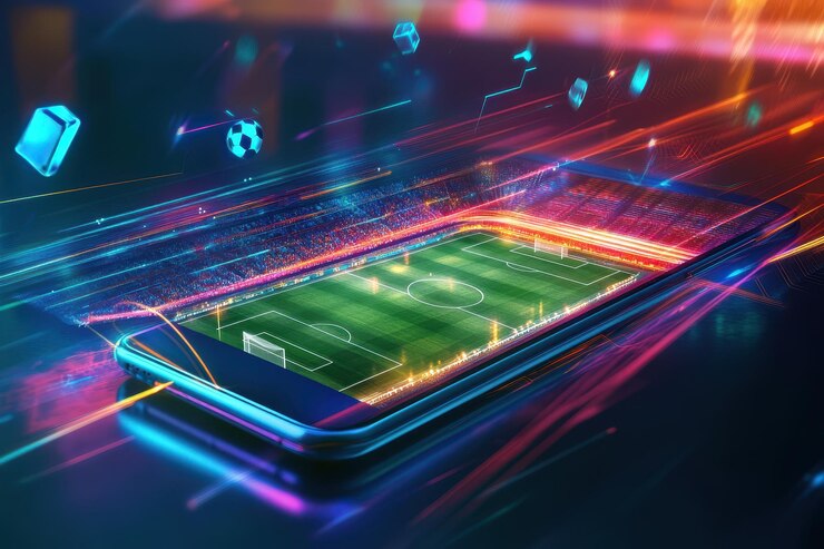 Un teléfono móvil se muestra en un campo con una pelota de fútbol y una meta pancarta de apuestas deportivas en línea