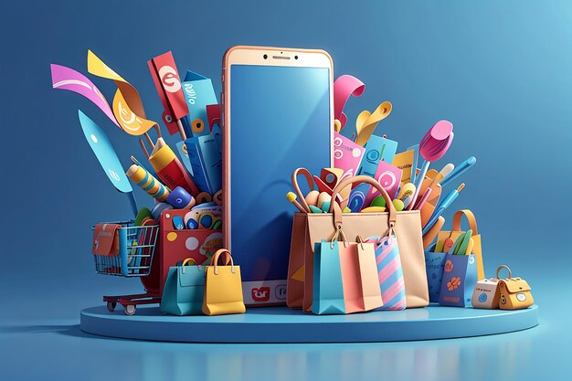 Teléfono móvil o teléfono inteligente con fachada de tienda y bolsas de papel de compras coloridas en la cesta de compras tarjeta de crédito en bluefranchise negocio o concepto de compras en línea ilustración 3d o