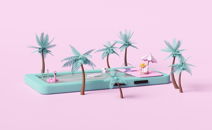 teléfono móvil o teléfono inteligente con piscina palmas de playa sillas inflables paraguas flameantes sandalias tabla de resorte aislada en fondo rosa concepto de vacaciones de viaje de verano ilustración 3D o renderización 3D