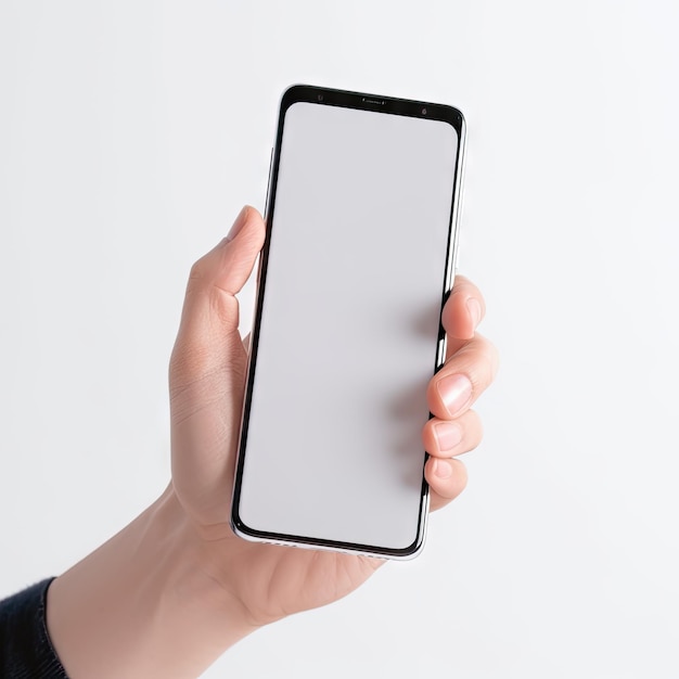 Teléfono móvil de pantalla en blanco en la mano sobre fondo blanco.