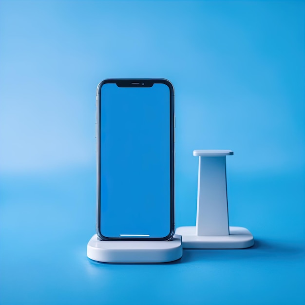 Foto teléfono móvil con pantalla en blanco sobre fondo azul teléfono inteligente renderizado 3 d con pantalla en blanco