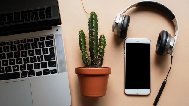 Foto teléfono móvil portátil y auriculares con planta de cactus en fondo beige