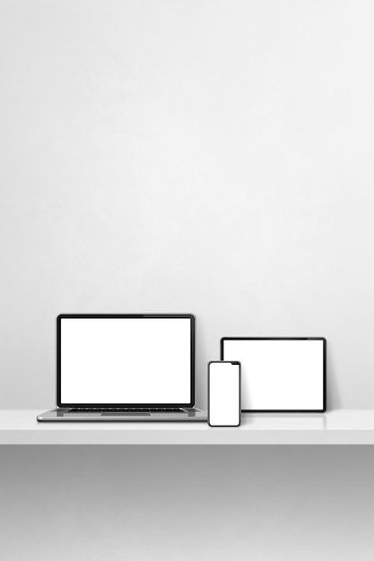Teléfono móvil portátil y tablet pc digital en un estante de pared de hormigón blanco Ilustración 3D de fondo vertical