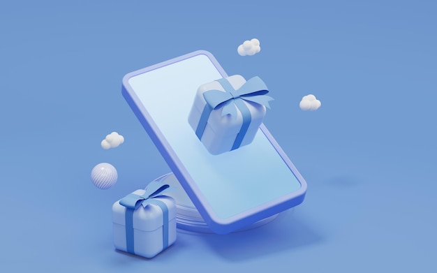 Teléfono móvil y regalos con representación 3d de fondo azul