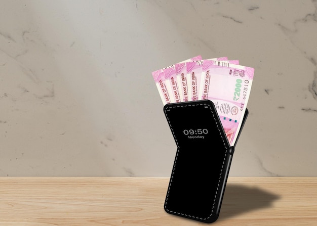 Teléfono móvil con representación 3D del concepto de monedero digital de dinero