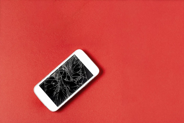 Teléfono móvil roto con pantalla agrietada sobre fondo rojo