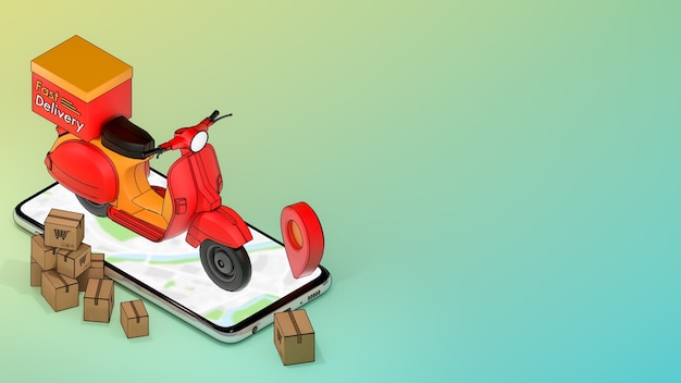 Teléfono móvil y scooter con muchas cajas de papel y punteros rojos. Concepto de servicio de entrega rápida y compras en línea.