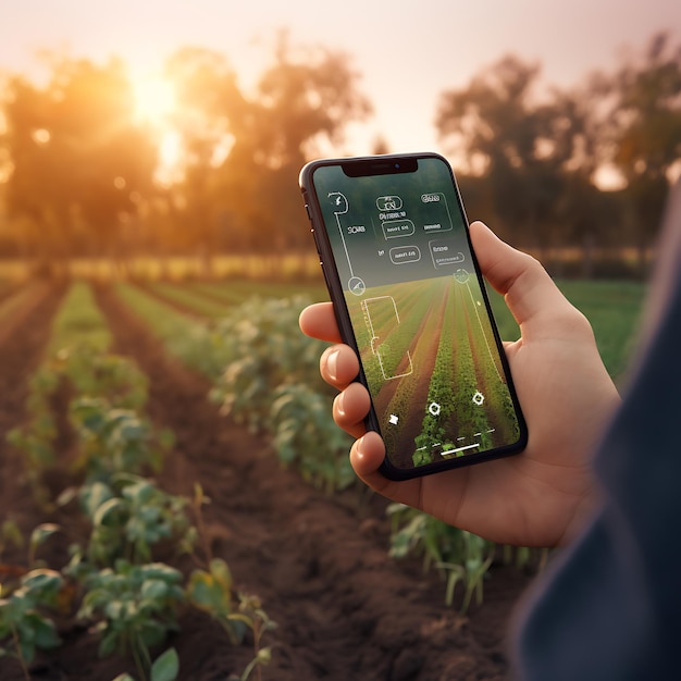 Teléfono móvil con software de gestión agrícola en la agricultura