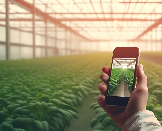 Foto teléfono móvil con software de gestión agrícola en la agricultura