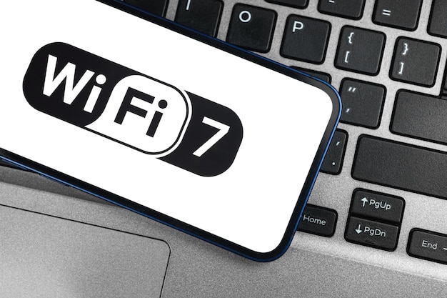Teléfono móvil con soporte de la nueva tecnología moderna Wi-Fi 7. Comunicación, foto de fondo del concepto de conexión a internet