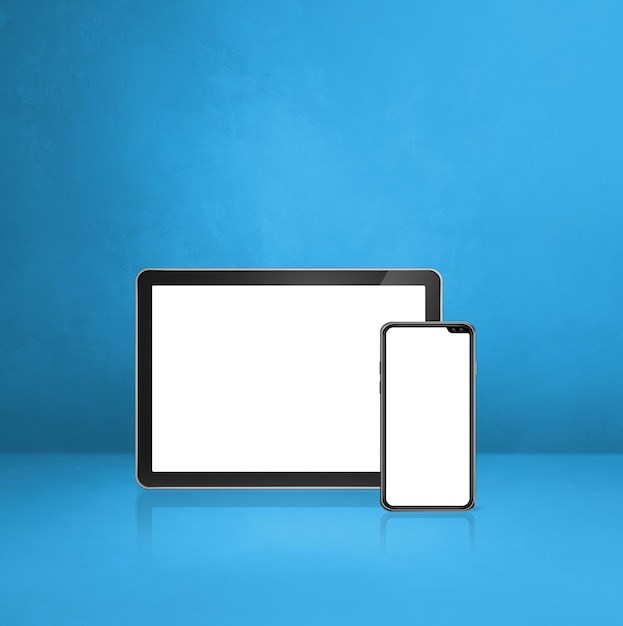 Teléfono móvil y tablet pc digital en escritorio de oficina azul. Ilustración 3D