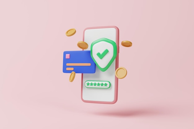Teléfono móvil con teléfono inteligente con escudo de monedas de tarjeta de crédito sobre fondo rosa Compras en línea pago seguridad tarjeta de crédito concepto de protección de información representación 3d