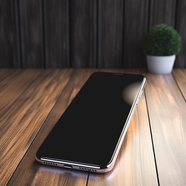 Un teléfono negro sobre una mesa de madera con una planta al fondo.