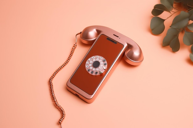 Foto teléfono de oro rosa en blanco sobre fondo melocotón