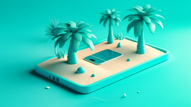 Un teléfono con palmera y arena.
