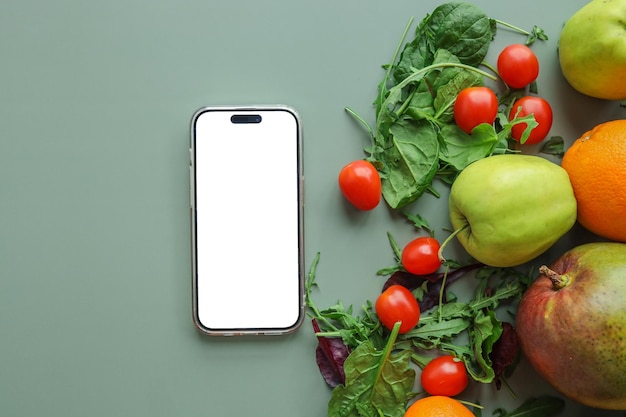 Teléfono de pantalla aislado y aplicación de pérdida de peso de frutas y verduras frescas