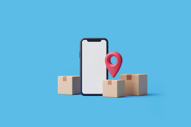 Teléfono con pantalla blanca, montón de cajas y puntero de mapa rojo sobre fondo azul, ilustración de representación 3D